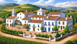 White buildings with terracotta roofs in a vineyard landscape