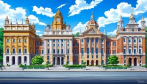 Illustration of a grand, ornate building with multiple towers under a blue sky