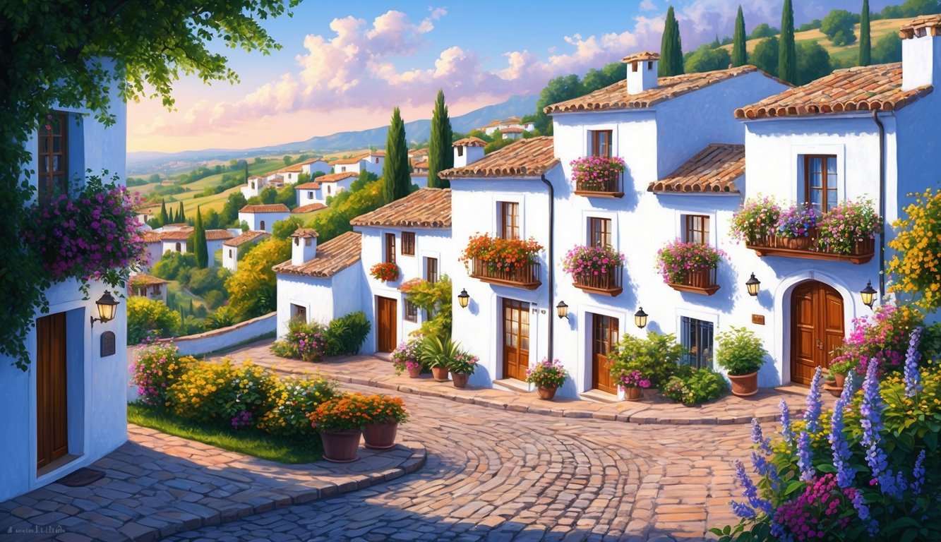 A tranquil village nestled in the Spanish countryside, with charming white-washed houses, cobblestone streets, and vibrant flower-filled balconies overlooking the scenic landscape