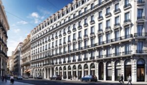 Elegant European-style building with arched storefronts, balconies, and a street with cars