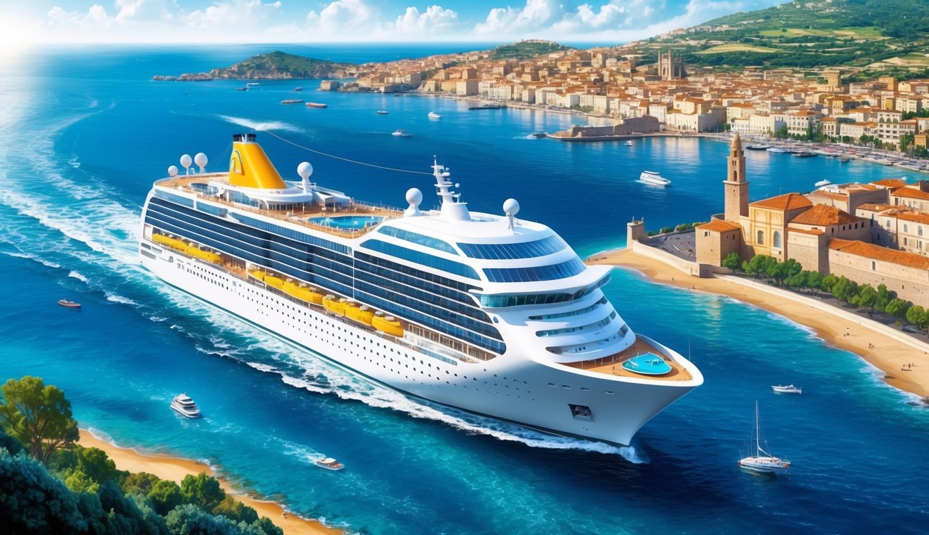 Large cruise ship sailing near a coastal city with buildings