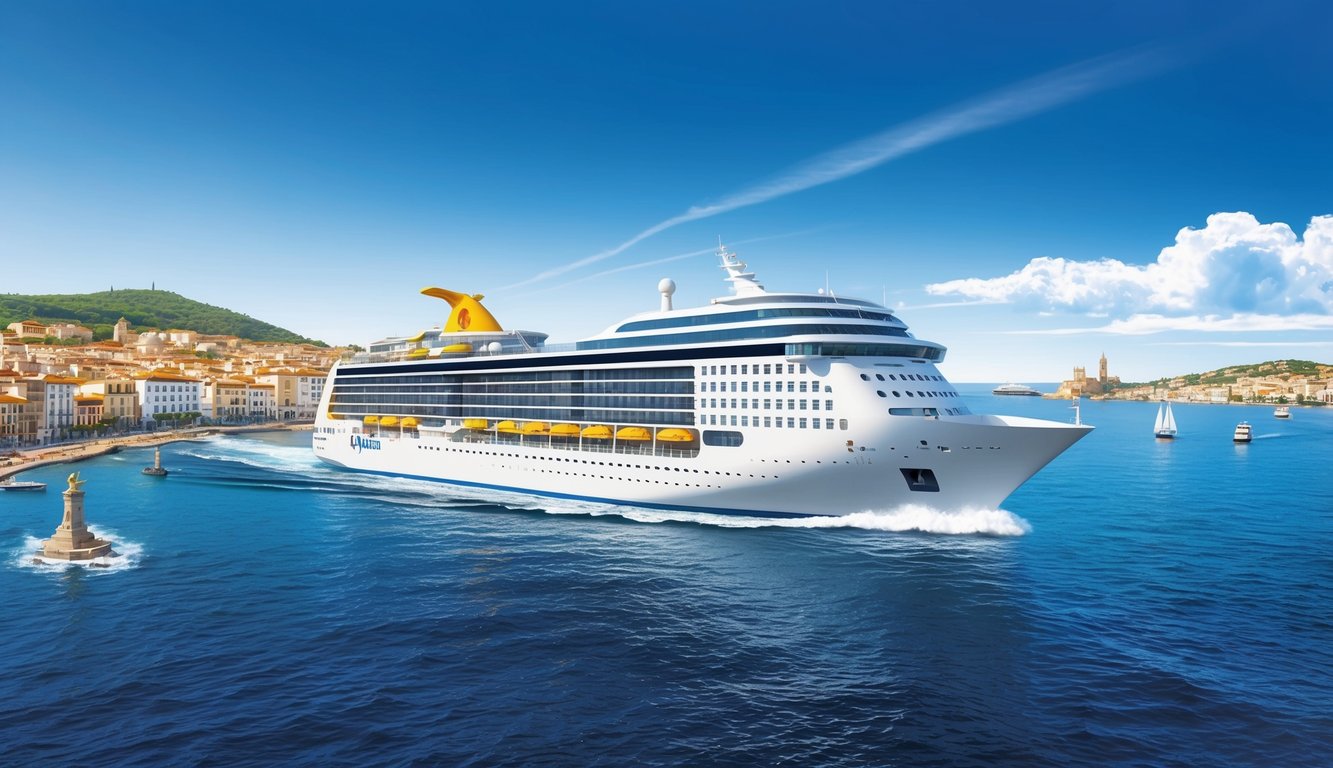 A cruise ship glides through the sparkling waters of Spain and Portugal, passing by picturesque coastal towns and historic landmarks under a clear blue sky