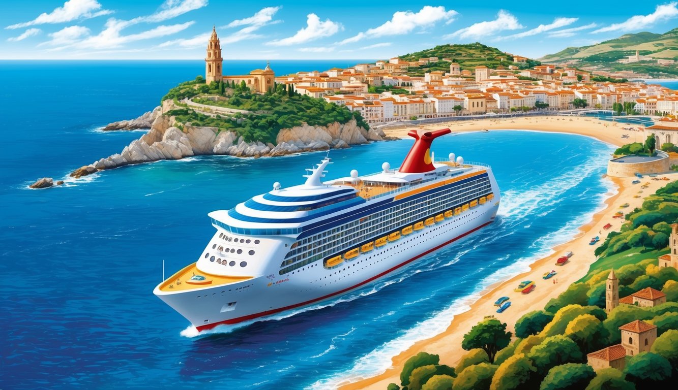 A colorful cruise ship sailing through the crystal blue waters of Spain and Portugal, passing by picturesque coastal towns and historic landmarks
