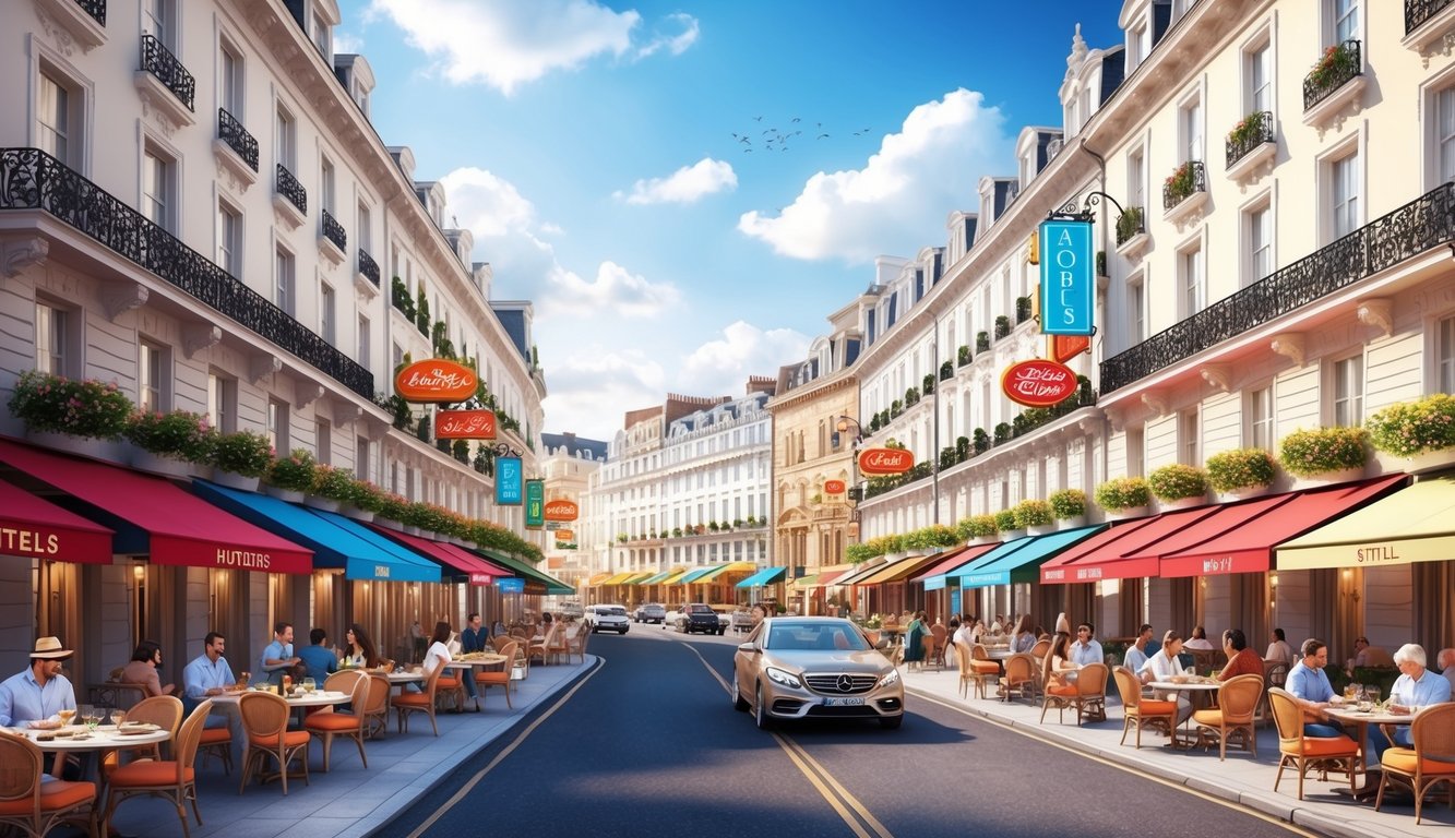 A bustling street lined with elegant hotels, each adorned with vibrant signs and surrounded by bustling cafes and restaurants serving up local flavors
