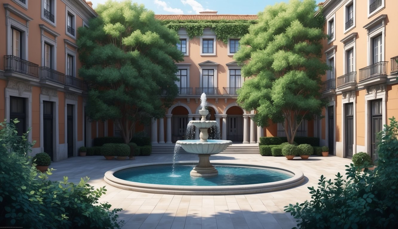 A serene courtyard with lush greenery and a fountain, surrounded by elegant buildings in Madrid, Spain