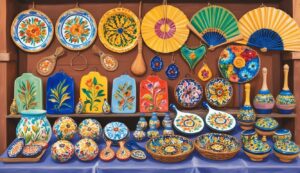 Colorful, hand-painted pottery, plates, and fans displayed on a wooden shelf