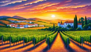 Vineyard landscape with white buildings, red roofs, and a vibrant sunset