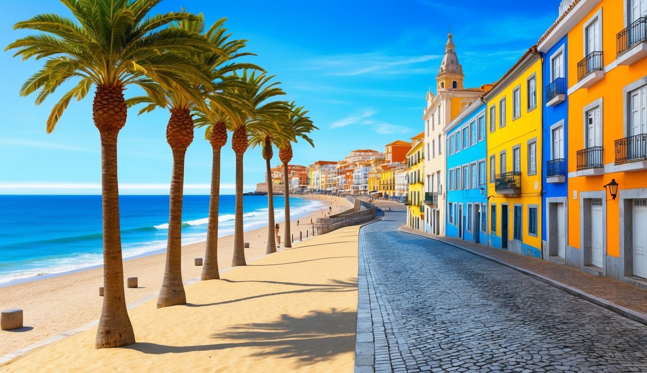A sunny beach in Spain with palm trees and a clear blue sky, and a historic cityscape in Portugal with colorful buildings and cobblestone streets