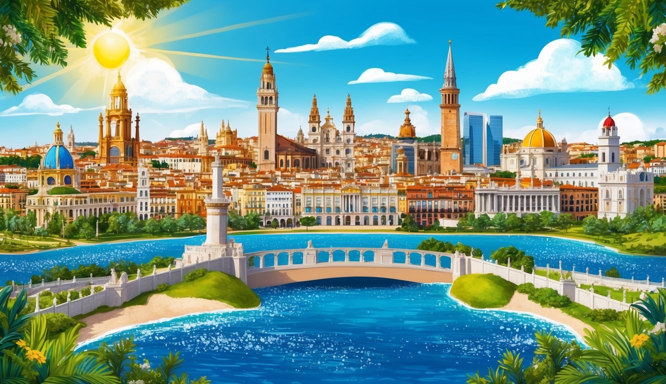 A vibrant cityscape with iconic landmarks of Spain and Portugal under a sunny sky, surrounded by lush greenery and sparkling blue waters