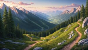 Scenic mountain landscape with hiking trails, green hills, and a valley