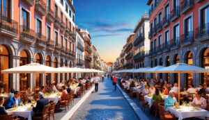 Outdoor restaurants line a cobblestone street in a European city at sunset