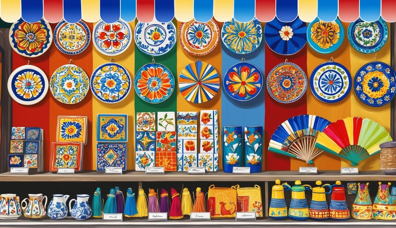 A colorful market stall displays 12 unique Spanish souvenirs, including ceramic tiles, flamenco fans, and bullfighting memorabilia