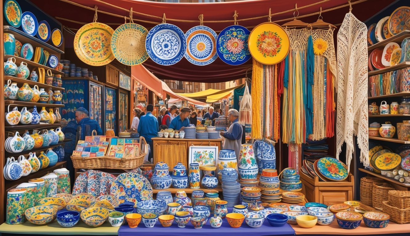 A bustling market with colorful displays of Spanish souvenirs, including hand-painted ceramics, traditional flamenco fans, and intricate lace shawls