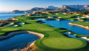 Scenic golf course with water features and mountain backdrop