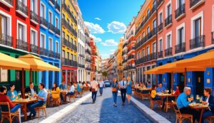 Colorful European street scene with people dining and walking