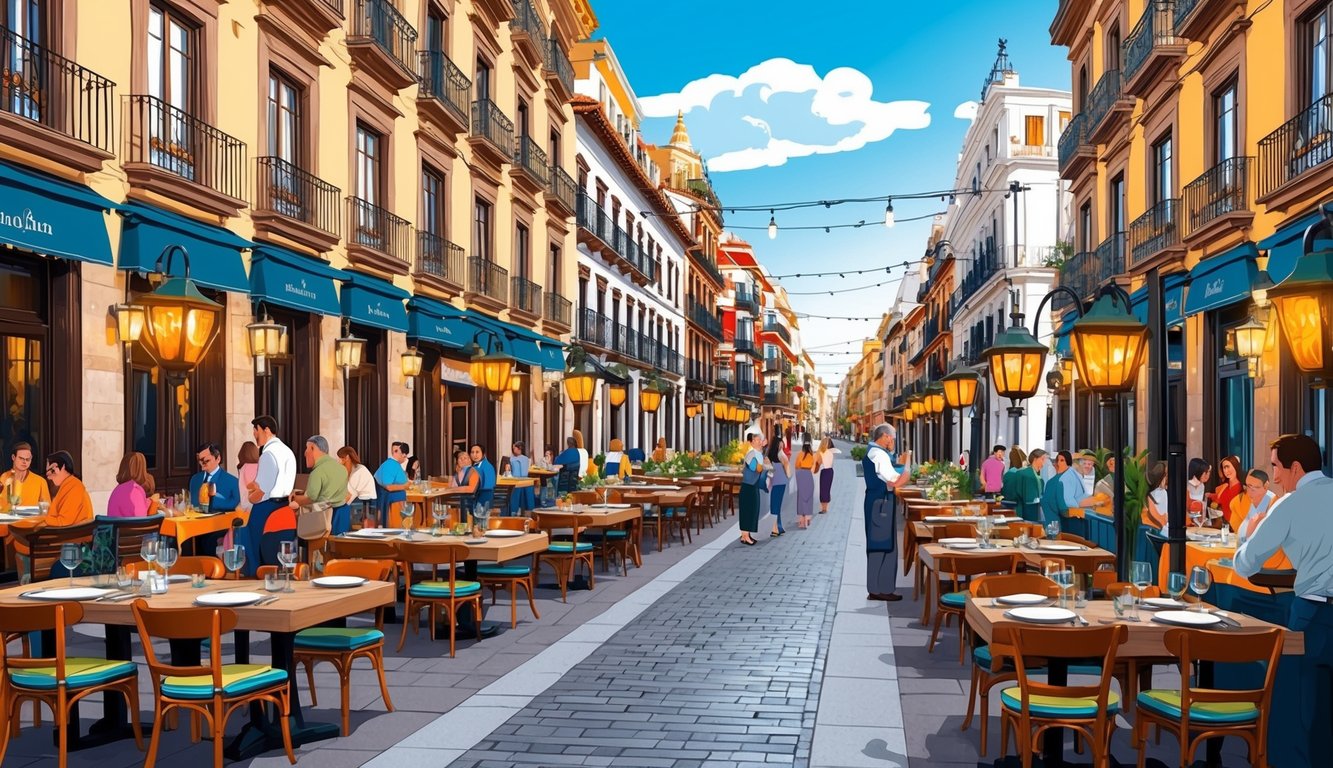A bustling street in Spain lined with 10 vibrant, world-class restaurants, each with its own unique charm and character. The architecture is traditional yet elegant, and the atmosphere is lively and inviting