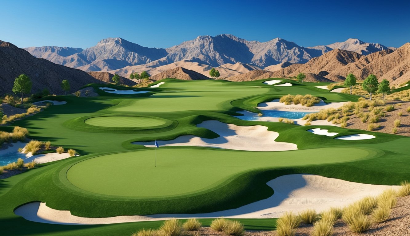 Lush green fairways wind through rugged terrain, with sand traps and water hazards adding to the challenge. Towering mountains loom in the distance under a clear blue sky
