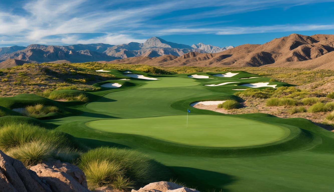 Lush green fairways wind through rugged terrain, with distant mountains and blue skies overhead