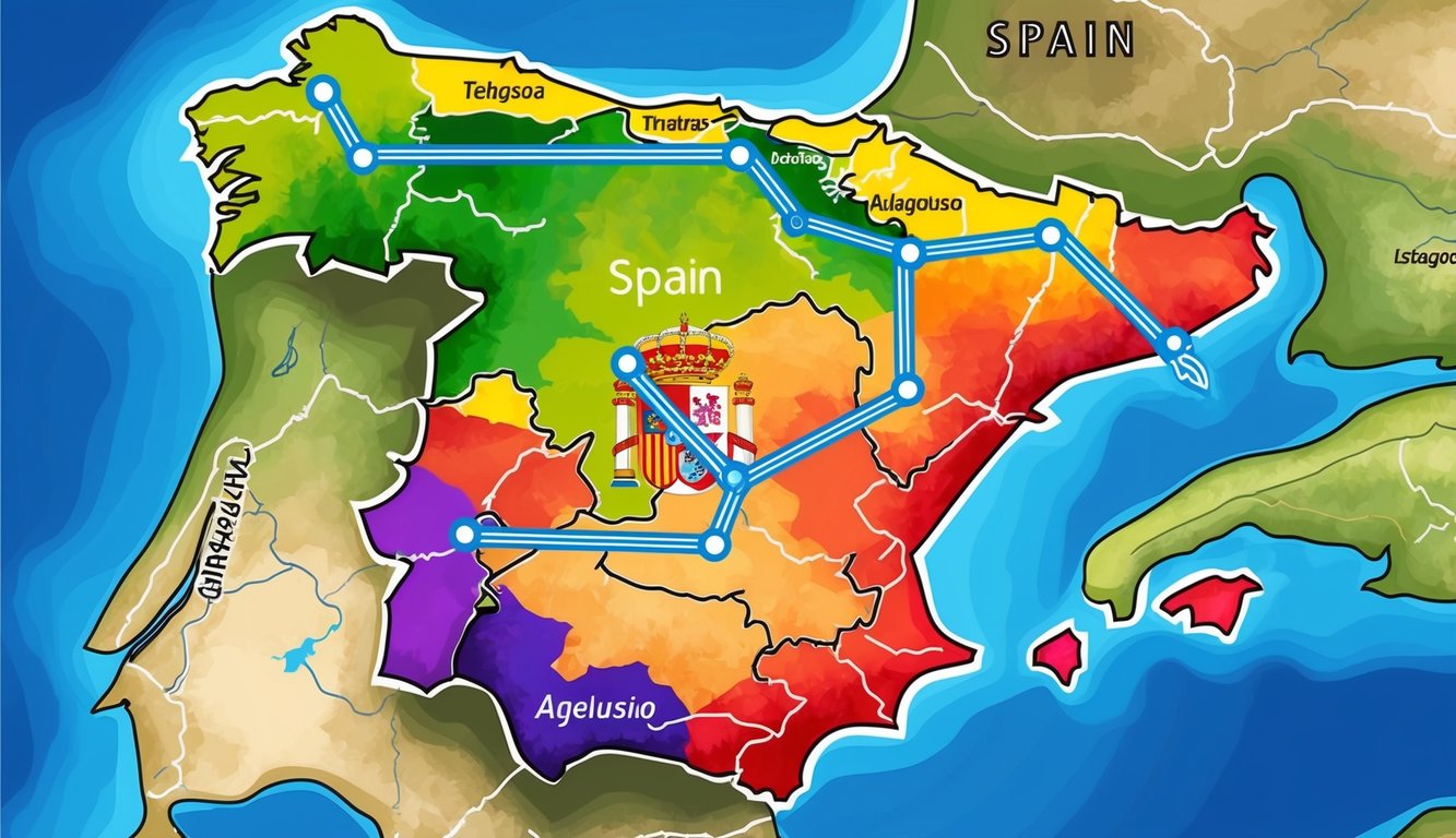 Colorful map of Spain with a blue route connecting various cities