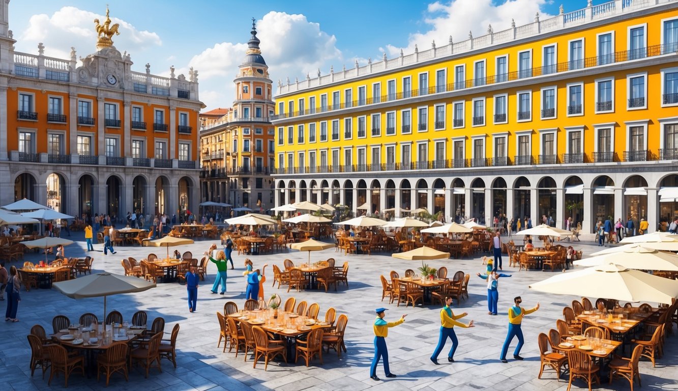A bustling plaza with colorful buildings, outdoor cafes, and street performers, surrounded by historic architecture and vibrant city life in Madrid, Spain