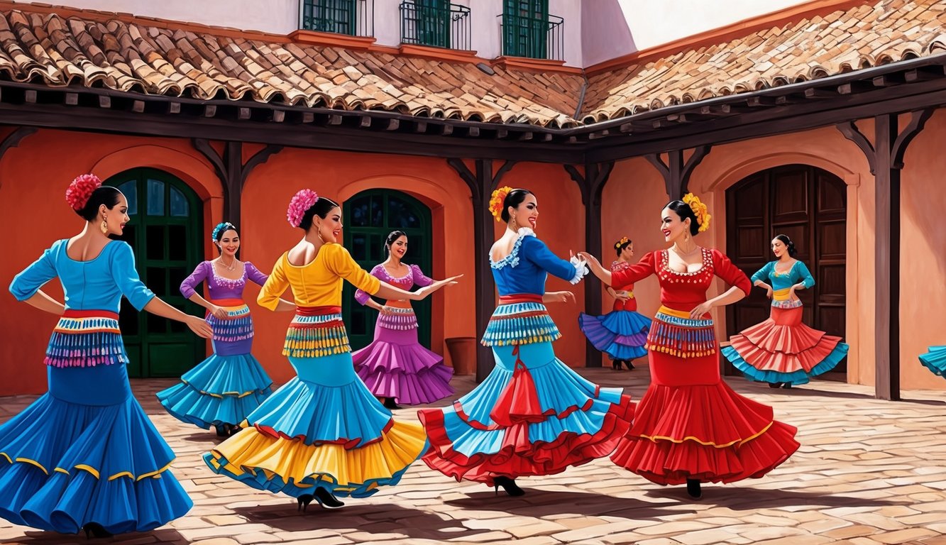 A vibrant flamenco performance in a traditional Spanish courtyard, with colorful costumes and passionate dancing