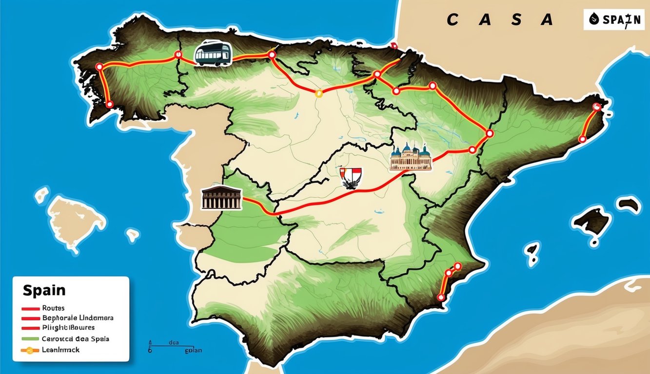 A map of Spain with seven highlighted routes and landmarks