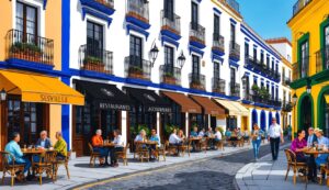 Street scene with restaurants, awnings, and people dining in a European town