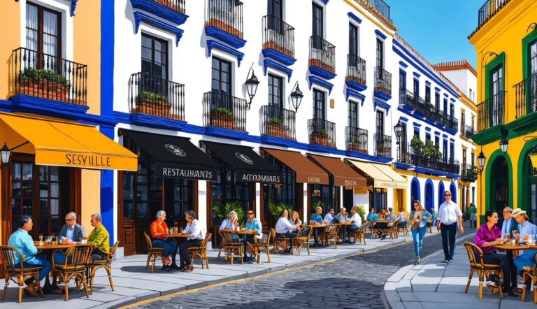 Street scene with restaurants, awnings, and people dining in a European town