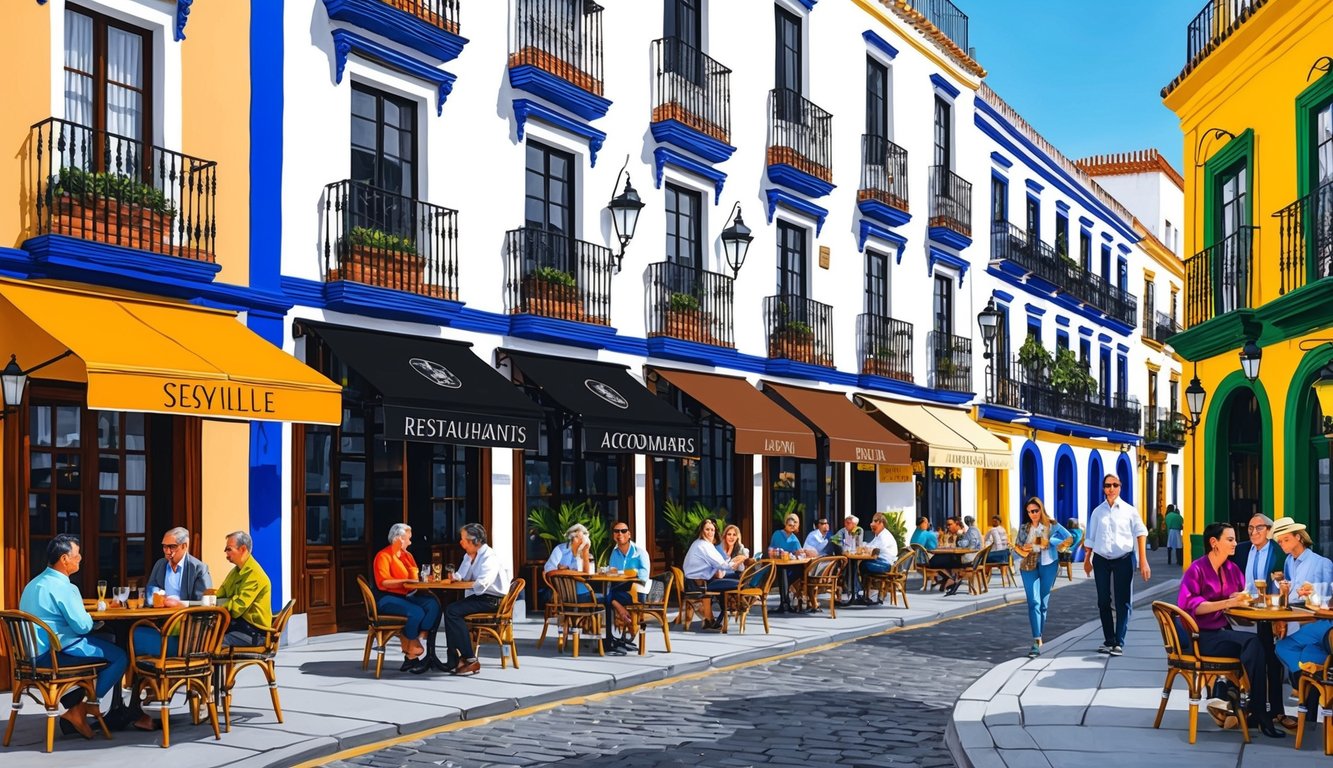 Street scene with restaurants, awnings, and people dining in a European town