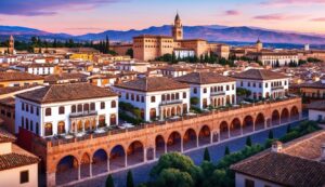 Cityscape with white buildings, red tile roofs, and mountains at sunset