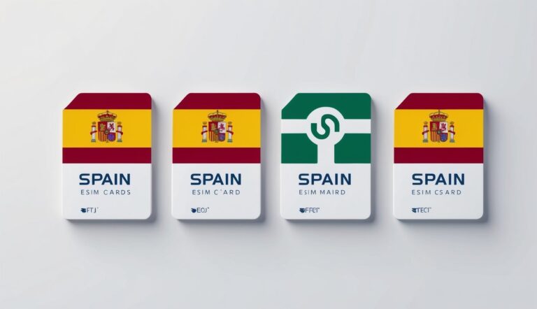Four eSIM cards with the Spanish flag design, labeled "Spain" and different names