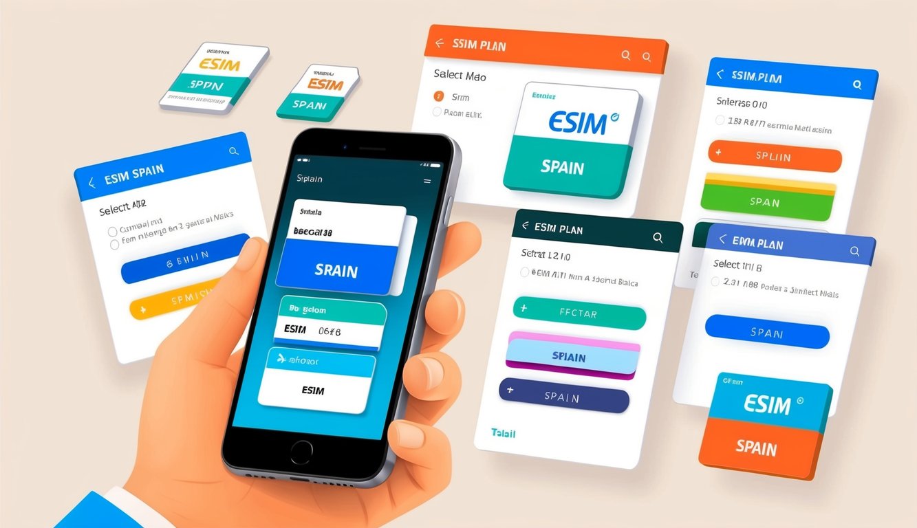 A person using a smartphone to select an eSIM plan for Spain, with various eSIM options displayed on the screen