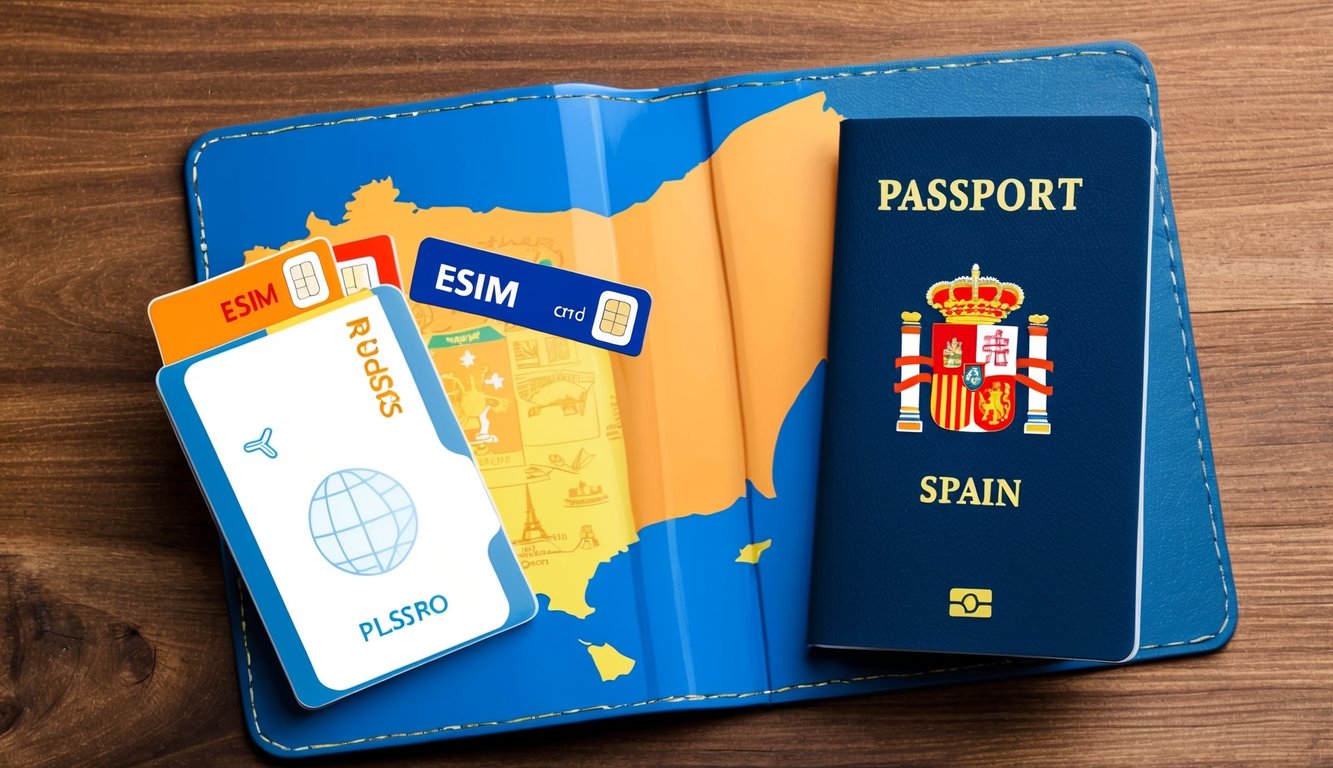 An open passport with eSIM cards and a map of Spain on a table