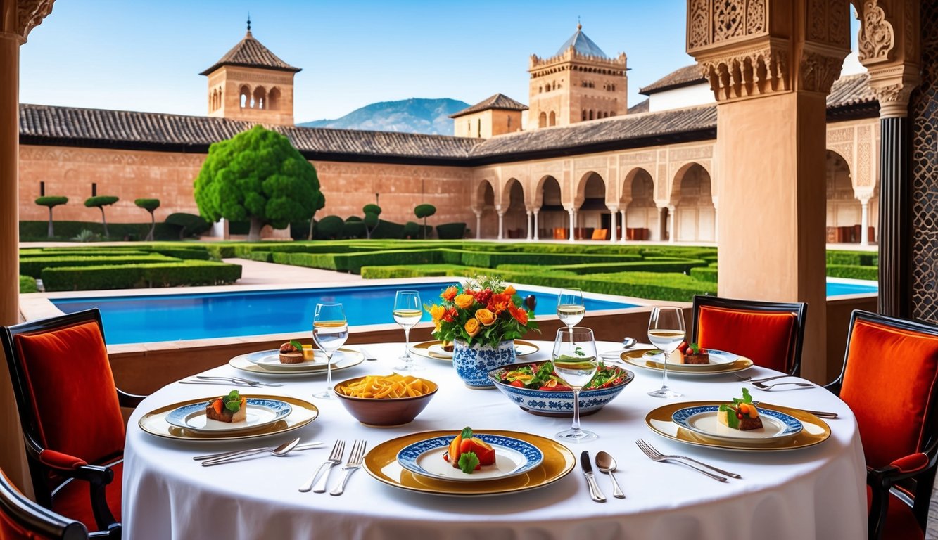 A table set with traditional Spanish dishes at a luxurious hotel in Granada, with a view of the historic Alhambra palace in the background