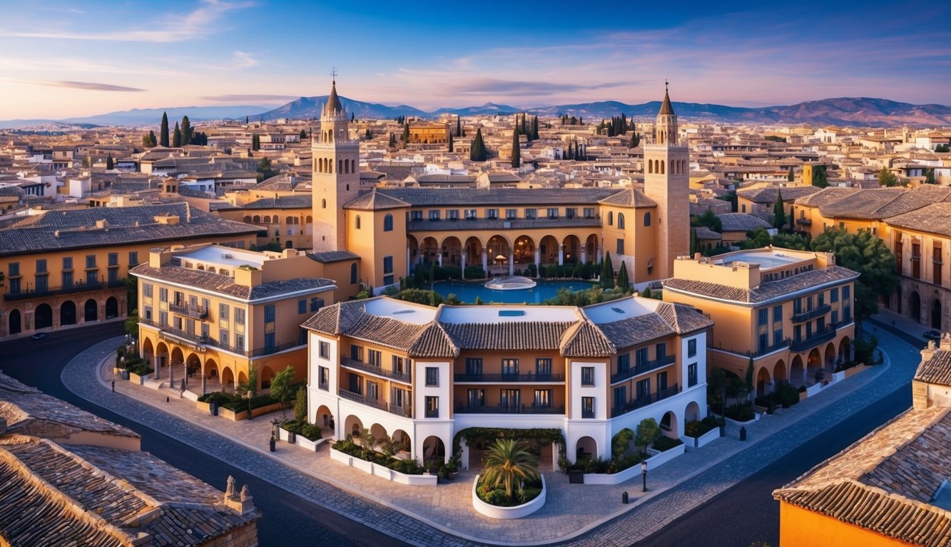 An aerial view of four luxurious hotels nestled within the historic city of Granada, Spain, surrounded by picturesque cobblestone streets and vibrant Spanish architecture