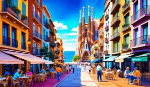 Street scene with colorful buildings, people, cafes, and Sagrada Familia in the distance