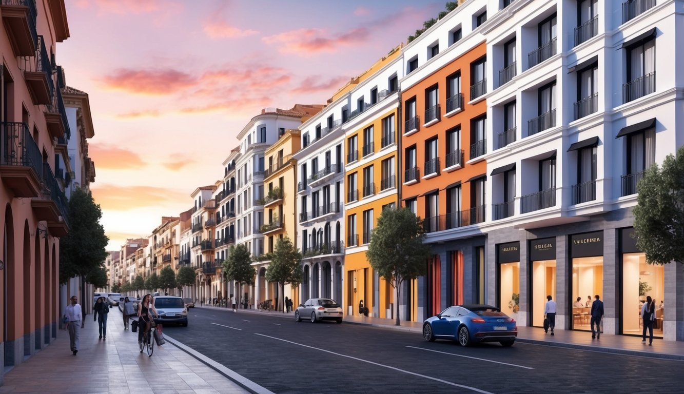 Street with colorful buildings, cars, and people walking under a sunset sky