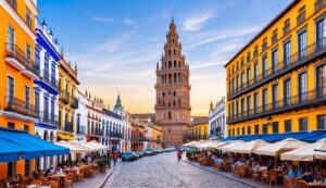 Cobblestone street with colorful buildings, restaurants, and a tall tower