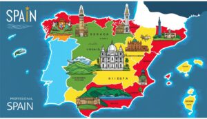 Cartoon map of Spain with illustrated landmarks and city names