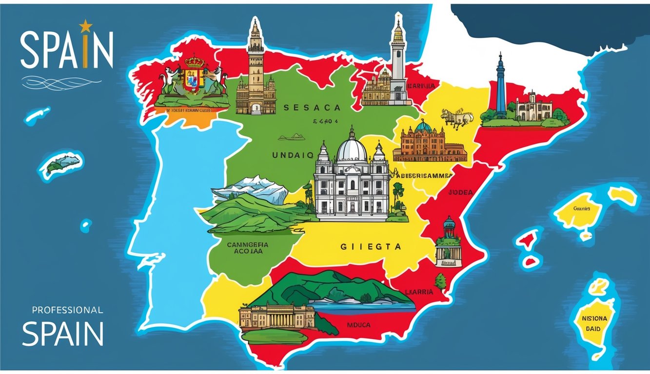 Cartoon map of Spain with illustrated landmarks and city names
