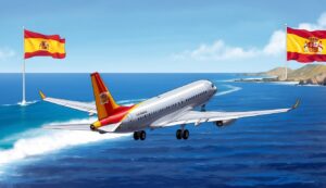 Airplane with Spanish flag tail flying over the ocean, with Spanish flags