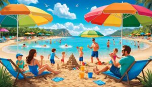 Beach scene with families, colorful umbrellas, sandcastle, and clear blue water