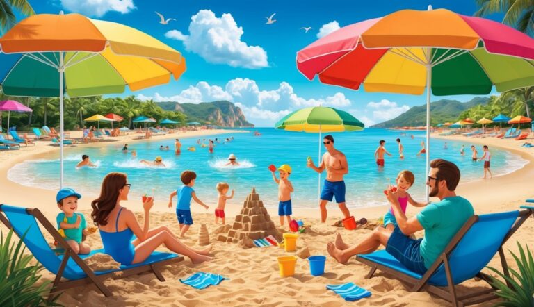 Beach scene with families, colorful umbrellas, sandcastle, and clear blue water