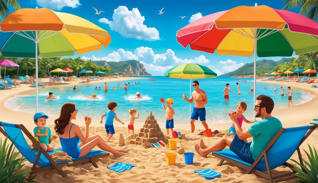 Beach scene with families, colorful umbrellas, sandcastle, and clear blue water