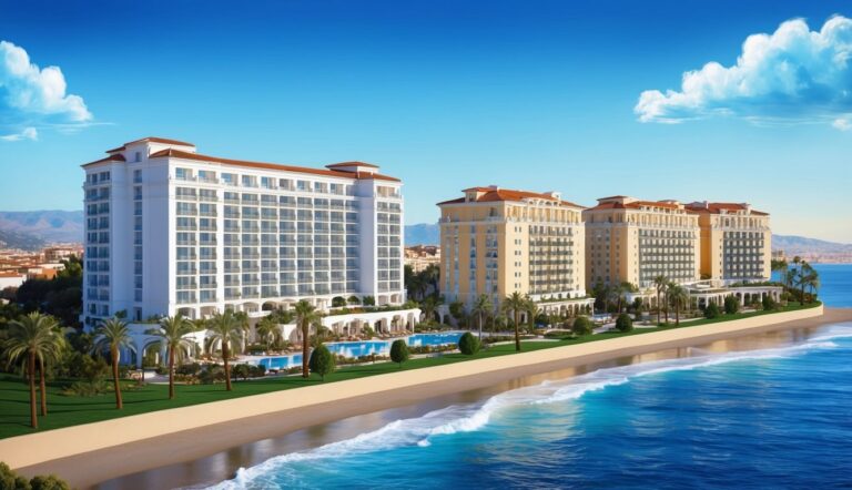 Luxury beachfront hotel complex with multiple buildings, palm trees, and ocean views