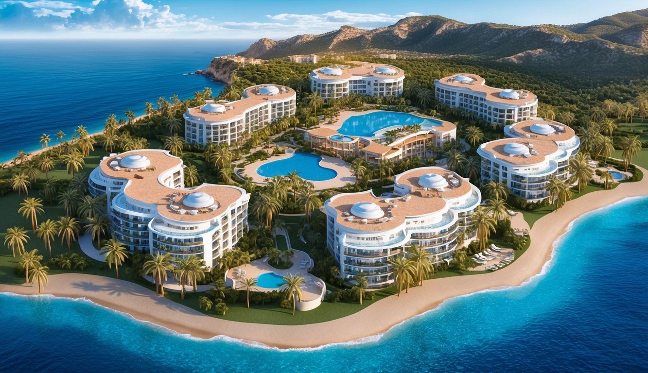 Luxury resort with white buildings, pools, and palm trees on a beach