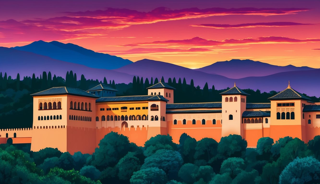Cartoon illustration of a castle with mountains and a colorful sunset