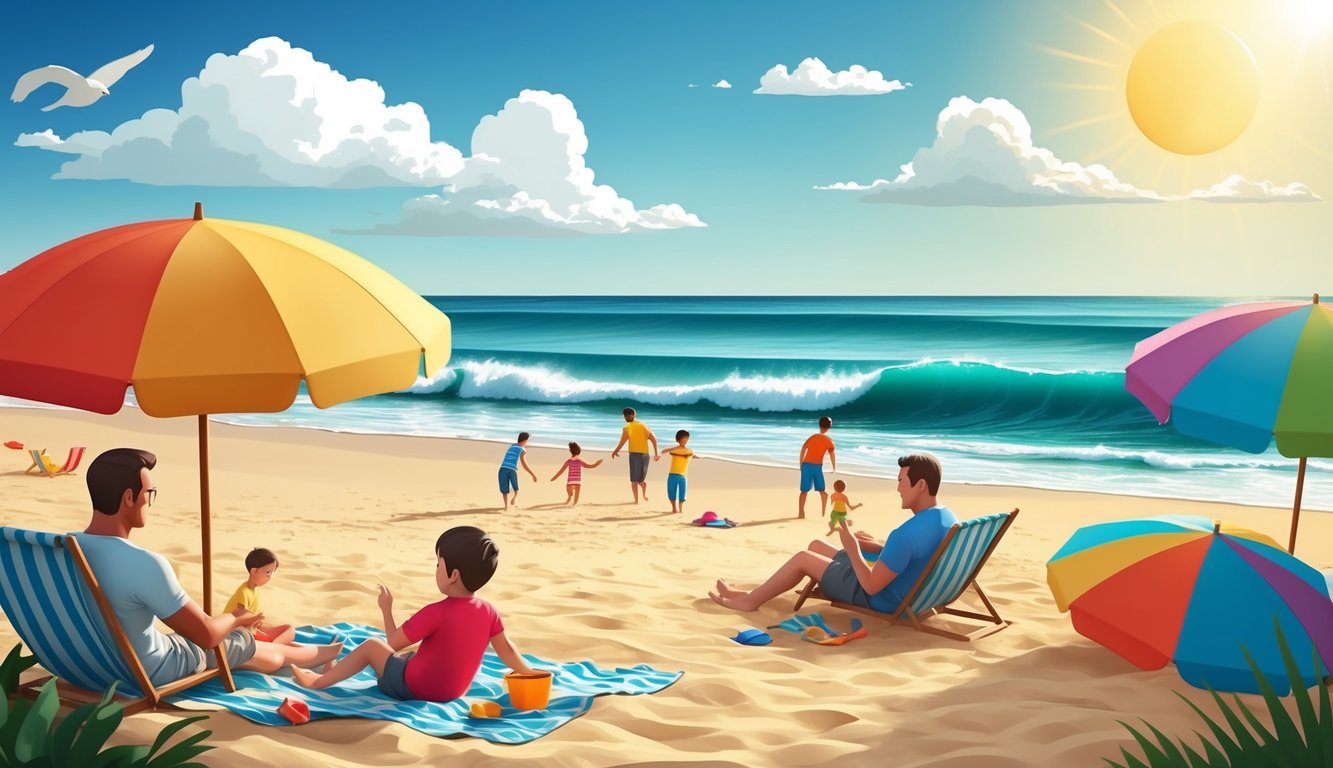 Beach scene with families, umbrellas, and a bright sun