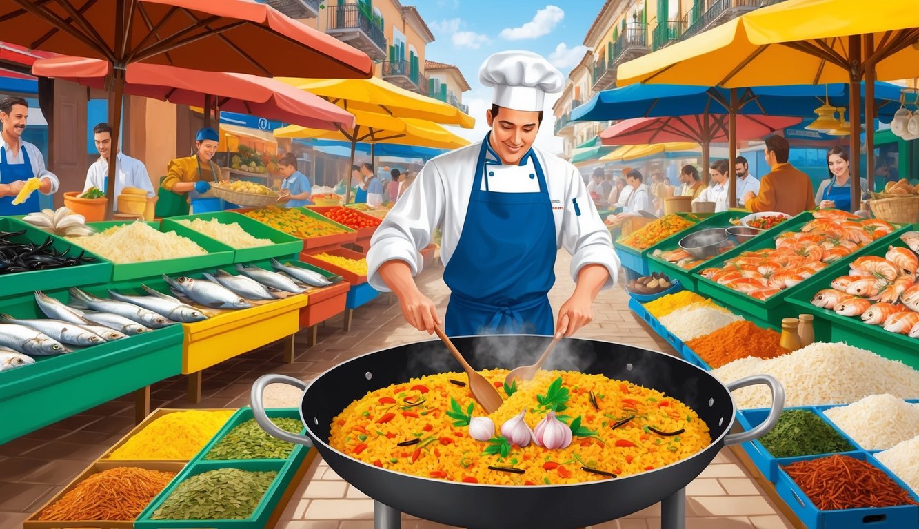 Chef cooking paella in a large pan at a bustling outdoor market