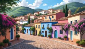 Colorful houses line a cobblestone street in a quaint hillside village